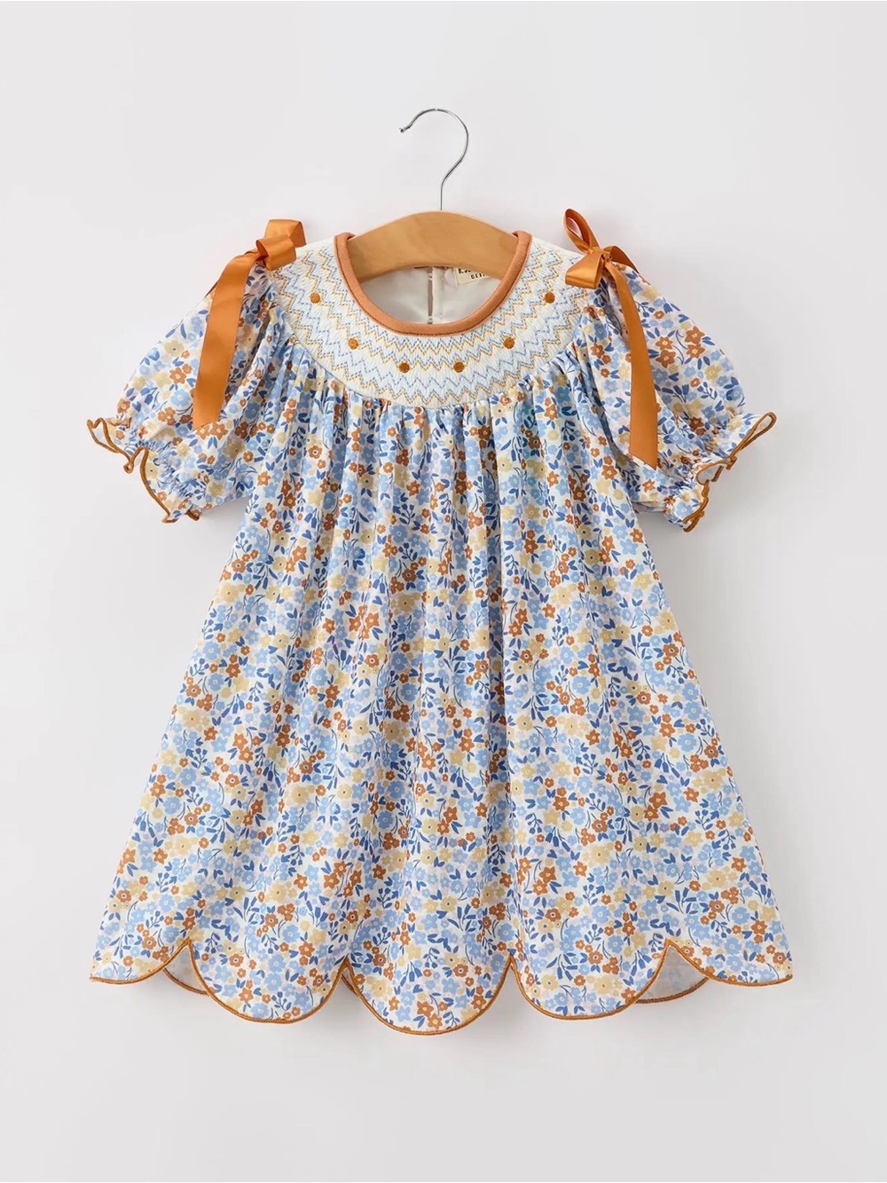 Blue Floral Smocked Kids Dress with Mustard Ribbon Detail